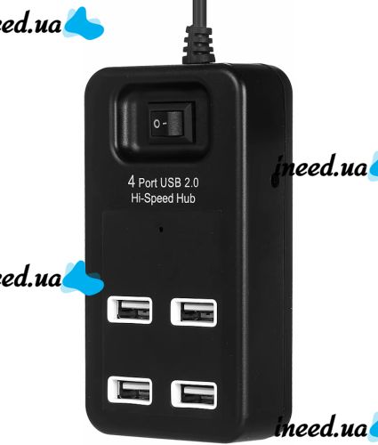 Розгалужувач Hi-Speed Hub 4 Port USB 2.0 P-1601 хаб концентратор із вимикачем на 4 юсб порти до 480 Мбіт/с для комп'ютера і ноутбука Чорний