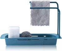 Раздвижная полка органайзер для раковины Sink rack AD-1792 для губки и тряпок, Телескопическая полочка сушилка полотенца на мойку LY-567 Темно-синяя