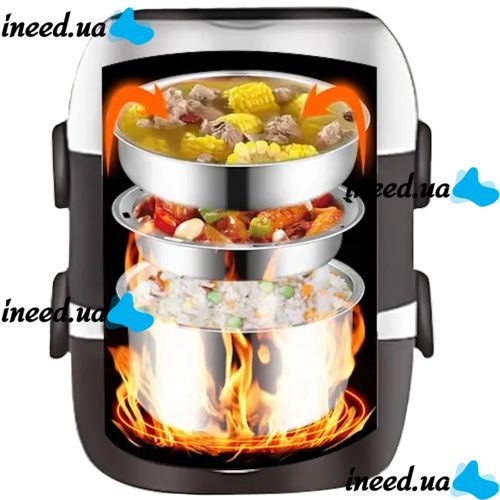 Электрический ланч бокс пароварка Electric lunch heater box 1500мл 3 секции для подогрева и приготовления еды от сети, судочек рисоварка для пищи