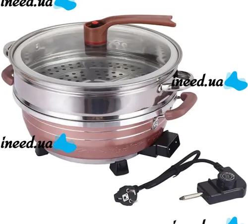 Електрична подвійна каструля скороварка Hoffmans HM-3031 8л 32см, 1500W, Електрокаструля пароварка рисоварка HM3031 від мережі Коричнева