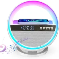 Desktop Rechargeable Smart Lamp Night Light HM-G5 with RGB Backlight and Clock, Bluetooth Speaker Clock with 10W Wireless Charging and USB TF FM AUX