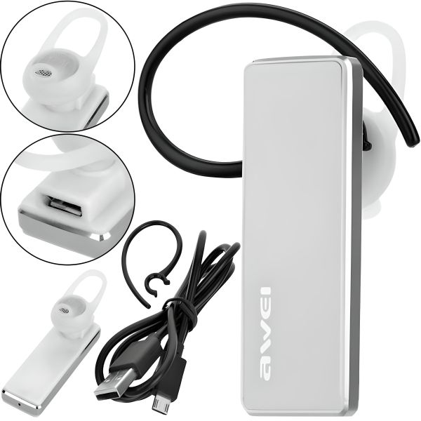 Wireless Bluetooth In-Ear Headset for Awei A850BL White Smartphone, Bluetooth Avey Mono Headset for Phone with Earphone Mount White