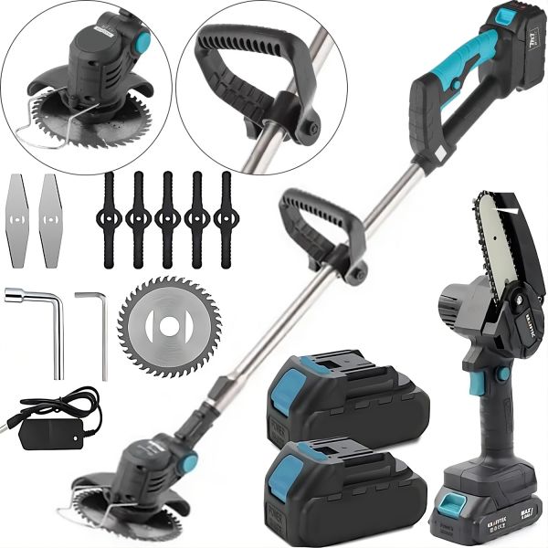 Krafftec KRA-808 36V 3Ah Power Tool Set Rechargeable Lawn Mower Trimmer, Chain Saw with 2 Batteries Brushcutter for Grass and bushes