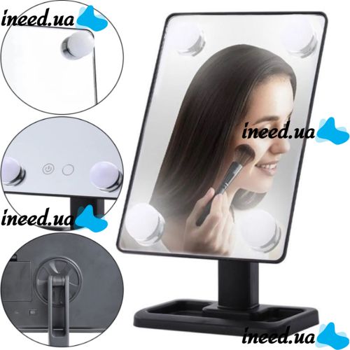 Настольное косметическое зеркало Cosmetie mirror 360 Rotation Angel с LED подсветкой для макияжа, Компактное прямоугольное сенсорное зеркало Черное