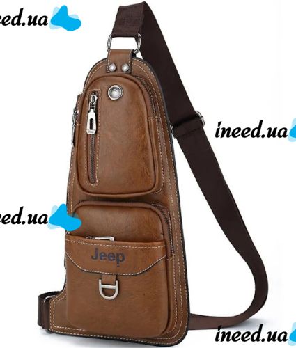 Мужская сумка рюкзак через плечо Jeep Bags 777 38х18 см нагрудная сумка бананка на грудь с отверстием для наушников из искусственной кожи Коричневая