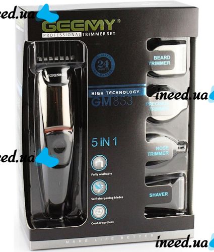 Wireless Hair Clipper Gemei GM-853 5 in 1 Professional Rechargeable Trimmer Electric Shaver with 6 Nozzles for Nose Ears Geemy