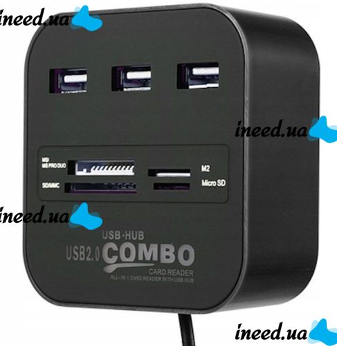 Разветвитель USB Hub Combo C329 7в1 MicroSD MS M2 MMC, Концентратор хаб картридер 3 юсб порта до 480 Мбит/с для компьютера и ноутбука Черный