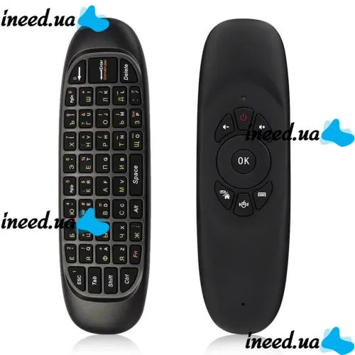 Беспроводная аэромышь C120 RuS с клавиатурой Air mouse с гироскопом, Универсальный USB пульт русская раскладка мини клавиатура на батарейках Черная