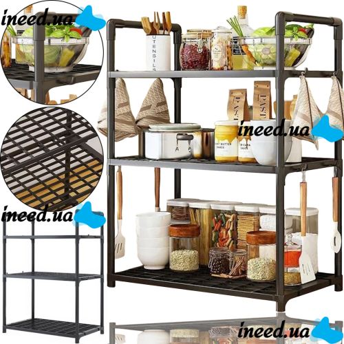 Кухонная полка органайзер Kitchen Storage Rack YX544-4 для хранения кухонных принадлежностей 3 яруса уровня, Стойка стеллаж с крючками для кухни