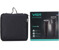A set of two VGR V-023 2-in-1 rechargeable hair and beard clippers, a wired trimmer with a set of removable attachments in the V023 bag