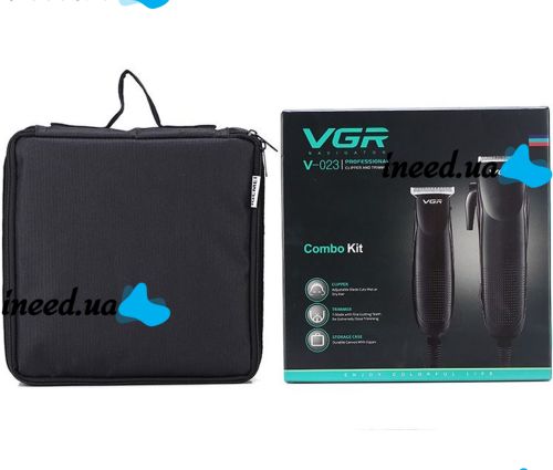 A set of two VGR V-023 2-in-1 rechargeable hair and beard clippers, a wired trimmer with a set of removable attachments in the V023 bag