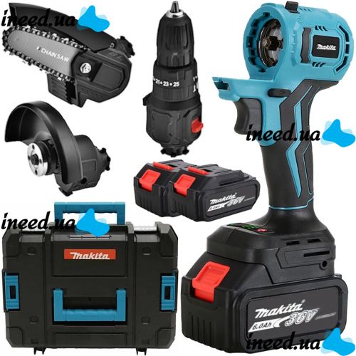 Набор аккумуляторных электроинструментов Makita 36V 6AH 3 в 1 беспроводной комплект со сменными насадками пила, болгарка, шуруповерт в кейсе 2 АКБ