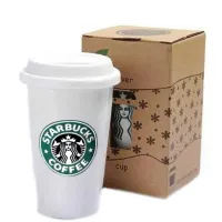 Керамический стакан чашка StarBucks Ceramic Cup HY-101, Многоразовая термочашка Старбакс 300 мл с силиконовой крышкой с поилкой Белая