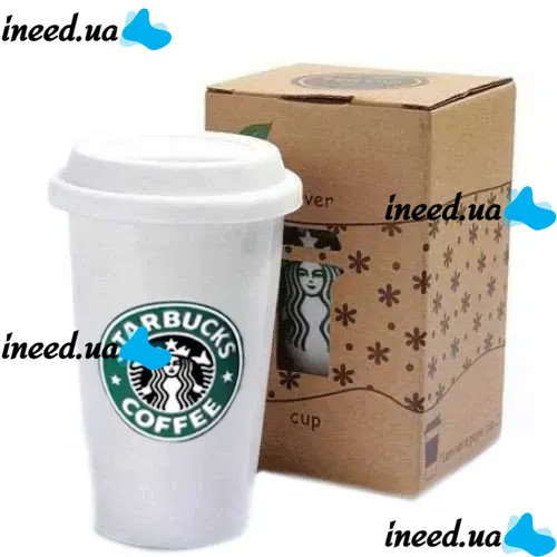 Керамический стакан чашка StarBucks Ceramic Cup HY-101, Многоразовая термочашка Старбакс 300 мл с силиконовой крышкой с поилкой Белая