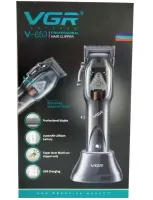 Беспроводной триммер для бритья VGR V-653, Аккумуляторная окантовочная машинка для стрижки волос и бороды с подставкой и насадками 10W V653 Черный