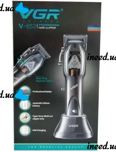 Беспроводной триммер для бритья VGR V-653, Аккумуляторная окантовочная машинка для стрижки волос и бороды с подставкой и насадками 10W V653 Черный