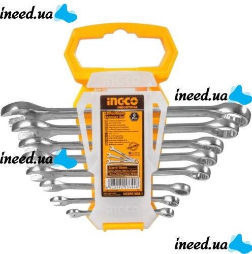 Комплект гаечных комбинированных ключей с трещоткой INGCO HKSPA1088-I 8mm-19mm 8 шт, Набор двухсторонних инструментов рожково-накладных 8 предметов