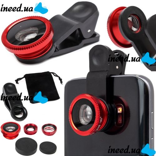 Линза с прищепкой для съемки Fish Eye Lens Y-12 3 в 1 набор объективов для фото и видео на телефон, панорамный рыбий глаз макросъемка Y12 Красный