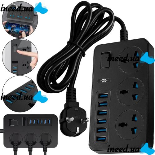 Сетевой фильтр Power Socket AR-CP02 3000W на 3 розетки 6 USB 1.8 м электрический удлинитель переноска с выключателем для подключения приборов к сети