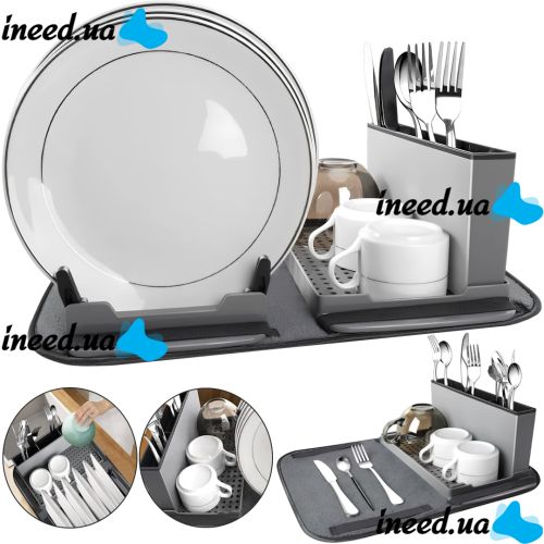 Настольная сушилка для посуды Scalable Drain Rack 0578 кухонный органайзер с поддоном и ковриком из микрофибры для хранения и сушки приборов Серый