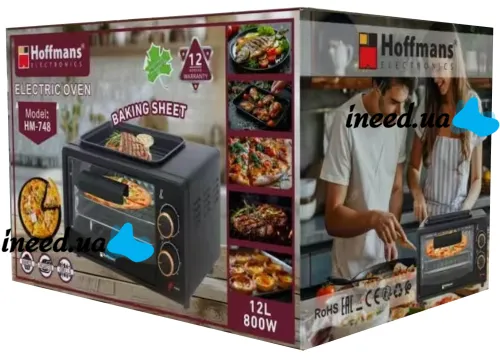 Мини электропечь Hoffmans HM-748 800W 12л настольная электрическая духовка с таймером и механическим управлением температур до 250 градусов от сети