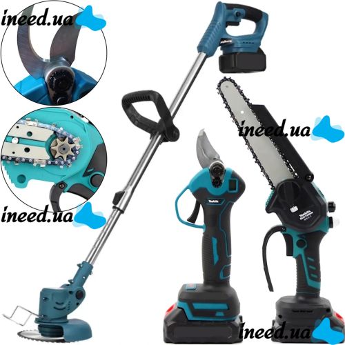 Набір електроінструментів Makita 48V 3в1 акумуляторний секатор DUP365, пила DUC155Z і газонокосарка Макіта з 2 акумуляторами для саду та газону