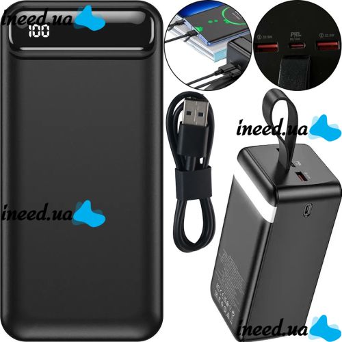 Внешний аккумулятор Borofone Power Bank BJ14D 50000mAh Black на 2 USB 22.5W и USB-C 20W, УМБ Повербанк батарея с ремешком для зарядки телефона Черный