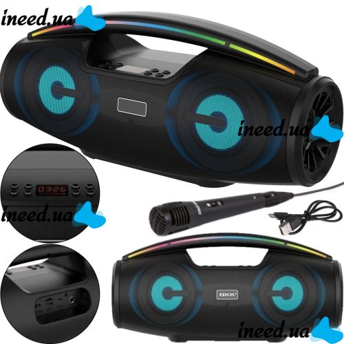 Беспроводная Bluetooth колонка динамик BKK B100 с LED подсветкой 20W с микрофоном, Аккумуляторная блютуз акустика караоке USB SD FM AUX Черная