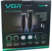 A set of two VGR V-023 2-in-1 rechargeable hair and beard clippers, a wired trimmer with a set of removable attachments in the V023 bag