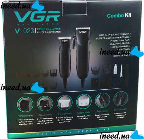 A set of two VGR V-023 2-in-1 rechargeable hair and beard clippers, a wired trimmer with a set of removable attachments in the V023 bag