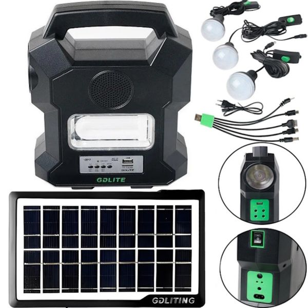 Автономная солнечная станция GDlite GD-1000A зарядная система Power Bank, Фонарь и 4 LED лампочки с функцией повербанка и радио для кемпинга Черная