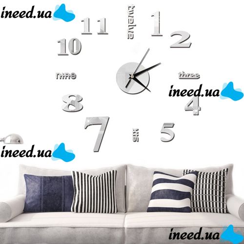 Большие 3D бесшумные настенные часы Diy Clock ZH01510 Grey 90 см, Бескаракасные самоклеющиеся 3Д часы Цифры на стену для дома, офиса Серые