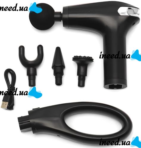 Ручний масажний пістолет Fascial Gun Pro HB-005 Black 4 насадки, бездротовий перкусійний вібромасажер для всього тіла на акумуляторі Чорний