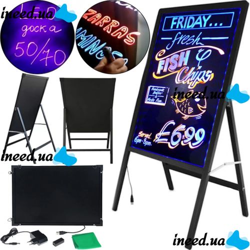Рекламная флуоресцентная LED доска Fluorecent Board With Stand 50x70см на стойке, светящаяся лед доска на стойке с фломастером и салфеткой Черная