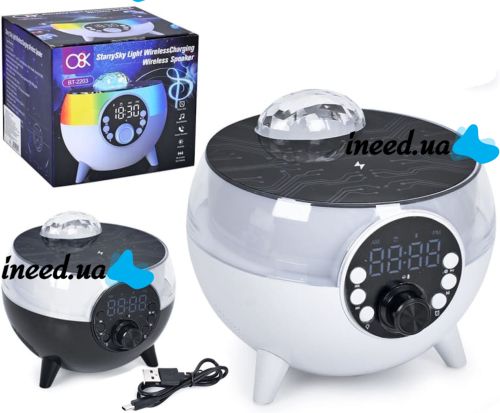 Настольная смарт колонка проектор RGB Starry Sky BT-2203 с диско шаром и беспроводной зарядкой Аккумуляторный Bluetooth ночник с подсветкой ZQS2226