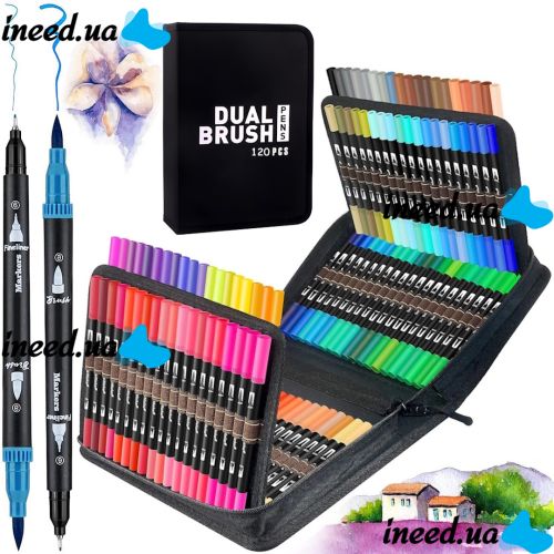 Набор акварельных маркеров-линеров для рисования Dual Brush 120 шт комплект двухсторонних скетч маркеров кистей на водной основе в пенале 120 цветов