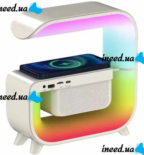 Настольная смарт лампа ночник RGB XM-G3 аккумуляторный с беспроводной зарядкой 15W и Bluetooth колонкой, Блютуз колонка G3 с подсветкой Белая