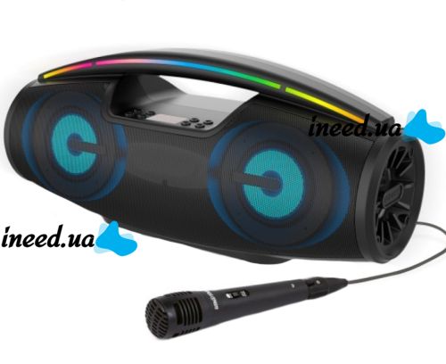 Беспроводная Bluetooth колонка динамик BKK B100 с LED подсветкой 20W с микрофоном, Аккумуляторная блютуз акустика караоке USB SD FM AUX Черная