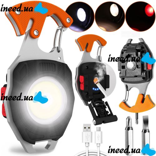 Светодиодный фонарик брелок для ключей с поджигом Keychain Light W5147 ручной мультитул, мини светильник с прикуривателем, отверткой и карабином USB