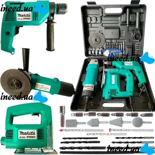Makita 3-in-1 screwdriver universal set of power tools drill HP1630, jigsaw 9558HN, grinder 4329 with a set of tools in a case  