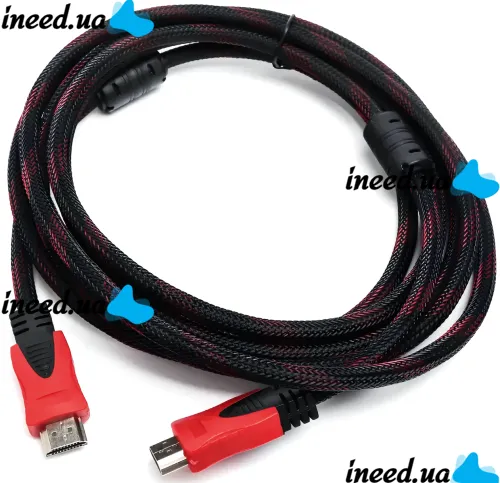 Посилений кабель Hdmi to Hdmi 15м 1080p в обмотці, кабель-подовжувач HDMI-HDMI 15m 15 m 15 м 15 м для монітора і телевізора в обплетенні Чорно Червоний