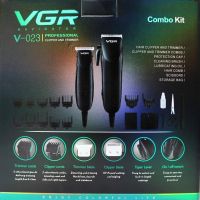 A set of two VGR V-023 2-in-1 rechargeable hair and beard clippers, a wired trimmer with a set of removable attachments in the V023 bag