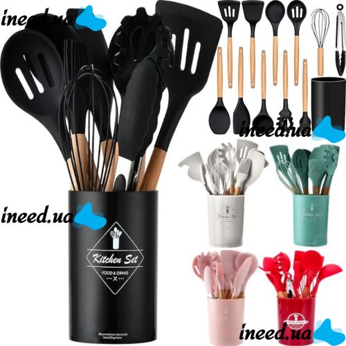 Универсальный набор кухонных силиконовых принадлежностей 12шт Kitchen Set, Силиконовый кухонный набор с подставкой на 12 предметов Китчен Сет