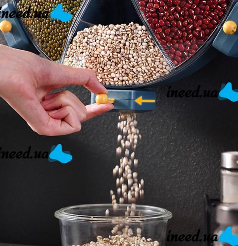 Настенный диспенсер карусель Rotatable Multi-Grain Cans для хранения круп 6 отделений 360, Вращающийся органайзер сыпучих продуктов с дозатором