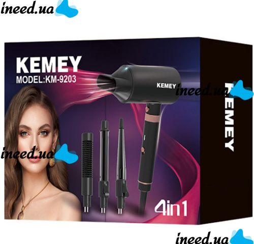 Многофункциональный фен Kemei KM-9203 4 насадки для укладки выпрямления и завивки волос мультистайлер с концентратором выпрямителем и плойкой