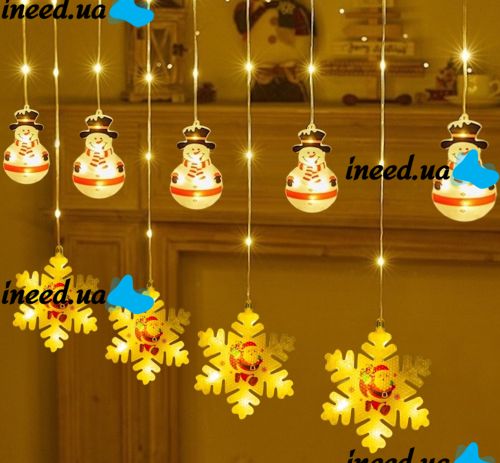 Внутренняя гирлянда штора Xmas 3D фигурки снеговика и снежинки Теплый белый 3x0.7м 95L WW, Новогодняя 300x70 см на окно дома теплая белая от сети