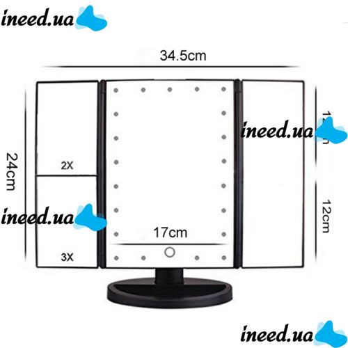 Cosmetic Triple Mirror with Touch Button Superstar Magnifying Mirror JN-817 3 in 1 with Magnification, Folding Mirror with LED Backlight Black