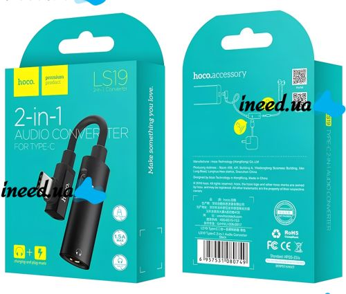Переходник Hoco LS19 2 в 1 Jack 3.5мм Type-C аудио адаптер на 2 гнезда, конвертер для подключения зарядки и наушников к телефону Audio Converter