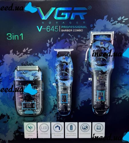 Combo Hair Clipper Set VGR V-645 3 in 1 Rechargeable Hair Clipper, Trimmer and Electric Razor for Beard Edging with Replaceable Nozzles