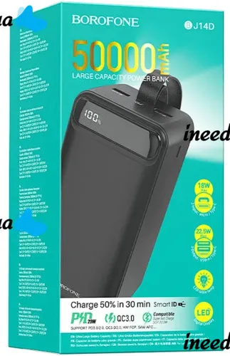 Внешний аккумулятор Borofone Power Bank BJ14D 50000mAh Black на 2 USB 22.5W и USB-C 20W, УМБ Повербанк батарея с ремешком для зарядки телефона Черный